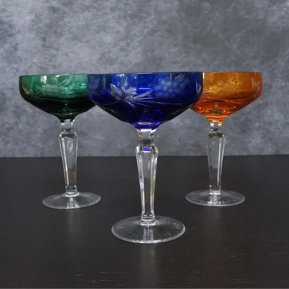 Vintage Crystal Cut To Clear Colorful Champagne Coupe Glasses Set